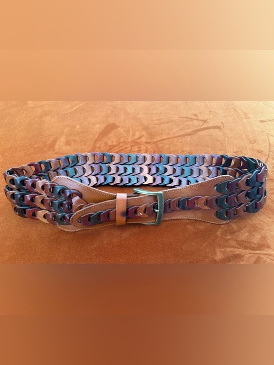 Vintage New Italian Leather Chain Link Belt With Brass Buckle Brown Shades L XL main image 12